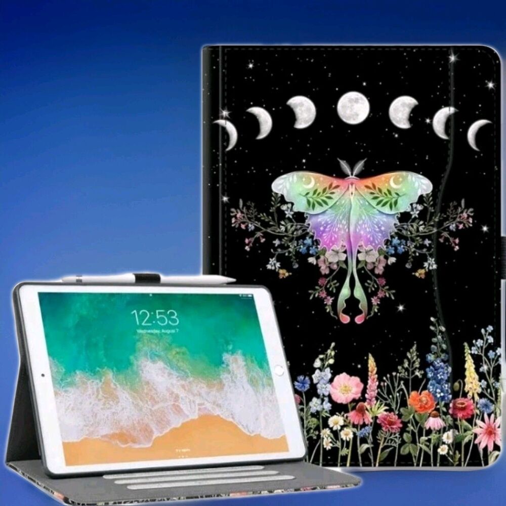 iPad Case 9th 8th 7th Gen Cover Hand Strap Moon Phase Moth Flower